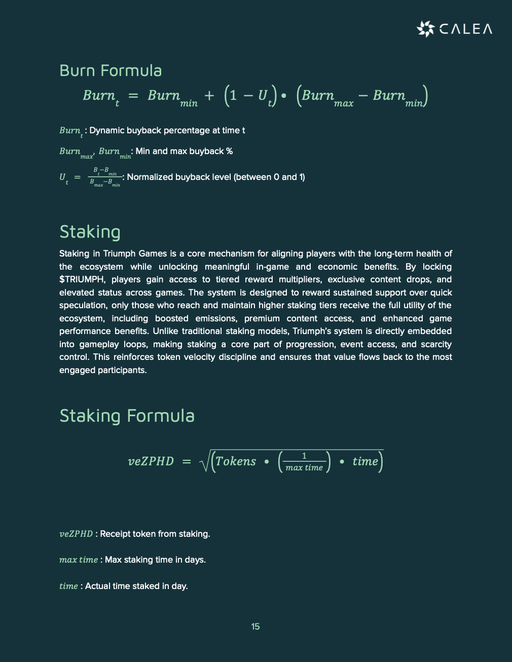 Triumph Games tokenomics — burn and staking formulas